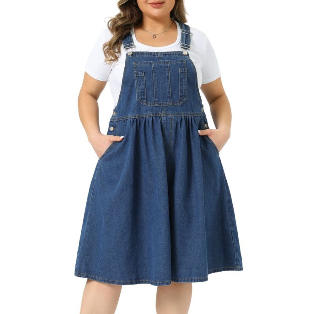Women Plus Size Denim Overalls Dress Jean Midi Dresses Blue